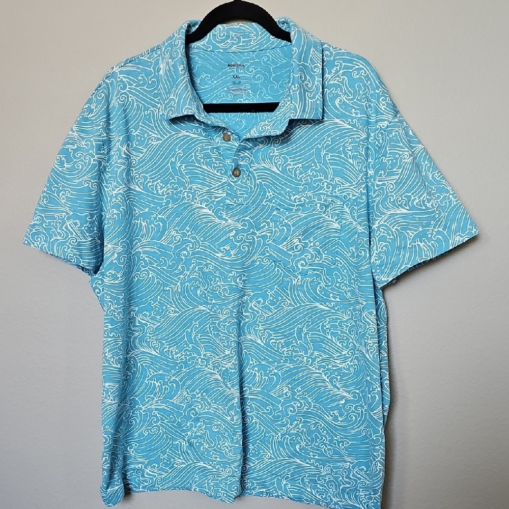 Sonoma Men's XXL Summer Cotton Light Blue Wave Pattern Short Sleeve Polo Shirt